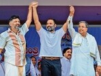 Karnataka deputy chief minister DK Shivakumar, Congress leader Rahul Gandhi and chief minister Siddaramaiah. Karnataka deputy chief minister DK Shivakumar, Congress leader Rahul Gandhi and chief minister Siddaramaiah.