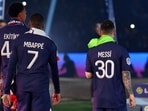 Kylian Mbappe, Paris Saint-Germain's Argentine forward Lionel Messi and Paris Saint-Germain's Brazilian forward Neymar walk off the winners stand Kylian Mbappe, Paris Saint-Germain's Argentine forward Lionel Messi and Paris Saint-Germain's Brazilian forward Neymar walk off the winners stand