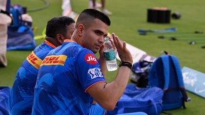 Arjun Tendulkar of Mumbai Indians (MI) during practice session a day before his IPL match against Lucknow Supergiants (LSG) Arjun Tendulkar of Mumbai Indians (MI) during practice session a day before his IPL match against Lucknow Supergiants (LSG)