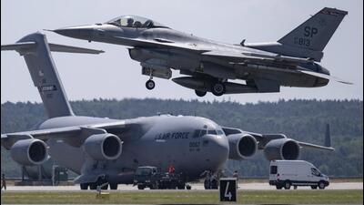 A US Air Force F-16 fighter takes off from the Spangdahlem Air Base in Spangdahlem, Germany, on Wednesday, during the Air Defender 2023 exercise. The exercise is set to run till June 23, with 10,000 participants and 250 aircraft from 25 nations responding to a simulated attack on a Nato member. (AP)