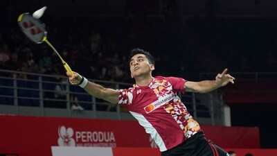 India's Lakshya Sen returns a shot during his men's singles match against Hong Kong's Angus Ng Ka Long at the Malaysia Masters badminton tournament at Bukit Jalil Axiata Arena in Kuala Lumpur, Malaysia, Thursday, May 25, 2023. AP/PTI(AP05_25_2023_000205A) (AP) India's Lakshya Sen returns a shot during his men's singles match against Hong Kong's Angus Ng Ka Long at the Malaysia Masters badminton tournament at Bukit Jalil Axiata Arena in Kuala Lumpur, Malaysia, Thursday, May 25, 2023. AP/PTI(AP05_25_2023_000205A) (AP)