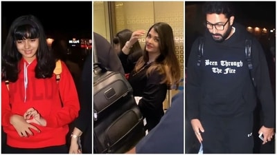 Aishwarya Rai with Abhishek Bachchan and Aaradhya at the airport. Aishwarya Rai with Abhishek Bachchan and Aaradhya at the airport.