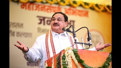 BJP national president JP Nadda addressing a public meeting in Kullu district on Wednesday. (PTI)