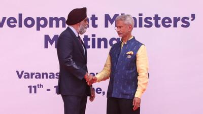 Canada’s International Development Minister Harjit Sajjan (left) being welcomed by India’s External Affairs Minister S Jaishankar during the G20 Development Ministers meeting in Varanasi. (Harjit Sajjan/Twitter) Canada’s International Development Minister Harjit Sajjan (left) being welcomed by India’s External Affairs Minister S Jaishankar during the G20 Development Ministers meeting in Varanasi. (Harjit Sajjan/Twitter)