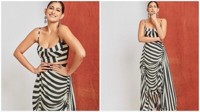 The bold and beautiful Kubbra Sait shows how to ace the striped look in a coordinated set from the label of ace designer Nupur Kanoi. (Instagram/@kubbrasait) The bold and beautiful Kubbra Sait shows how to ace the striped look in a coordinated set from the label of ace designer Nupur Kanoi. (Instagram/@kubbrasait)