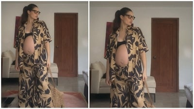 Gabriella Demetriades takes resort fashion to whole new heights in this uber comfortable printed co-ord set and black bralette.&nbsp; (Instagram/@gabriellademetriades)