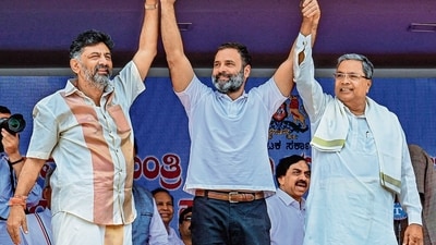 Karnataka deputy chief minister DK Shivakumar, Congress leader Rahul Gandhi and chief minister Siddaramaiah. (AFP) Karnataka deputy chief minister DK Shivakumar, Congress leader Rahul Gandhi and chief minister Siddaramaiah. (AFP)