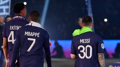 Kylian Mbappe, Paris Saint-Germain's Argentine forward Lionel Messi and Paris Saint-Germain's Brazilian forward Neymar walk off the winners stand (AFP) Kylian Mbappe, Paris Saint-Germain's Argentine forward Lionel Messi and Paris Saint-Germain's Brazilian forward Neymar walk off the winners stand (AFP)