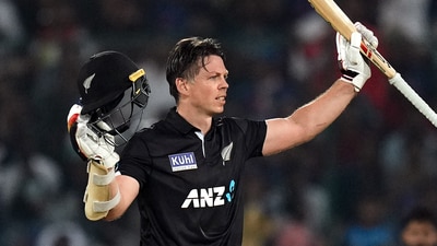 Michael Bracewell celebrating his century during an ODI against India (PTI)