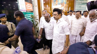 Tamil Nadu Chief Minister MK Stalin arrives at Omandurar government hospital to meet Tamil Nadu Electricity Minister V Senthil Balaji, who was admitted there following his arrest by Enforcement Directorate (ED), in Chennai, Wednesday, June 14, 2023. (PTI)