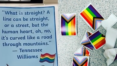 Some middle schoolers have been accused of tearing down Pride decorations after they were asked to wear rainbow colours to school (WCVB Channel 5 Boston screenshot/YouTube and msms_marcus/Instagram) Some middle schoolers have been accused of tearing down Pride decorations after they were asked to wear rainbow colours to school (WCVB Channel 5 Boston screenshot/YouTube and msms_marcus/Instagram)
