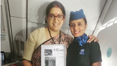 Smriti Irani shared a glimpse and expressed appreciation for the gesture shown by IndiGo cabin crew. (Instagram/ snehaji_20) Smriti Irani shared a glimpse and expressed appreciation for the gesture shown by IndiGo cabin crew. (Instagram/ snehaji_20)