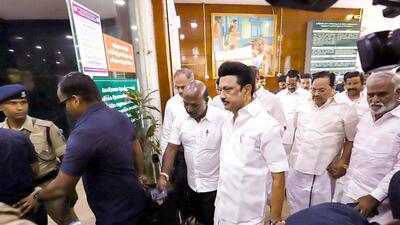Tamil Nadu chief minister MK Stalin at the hospital to meet V Senthil Balaji. (PTI) Tamil Nadu chief minister MK Stalin at the hospital to meet V Senthil Balaji. (PTI)
