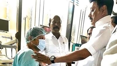 Tamil Nadu chief minister MK Stalin with V Senthil Balaji at a hospital in Chennai. (PTI) Tamil Nadu chief minister MK Stalin with V Senthil Balaji at a hospital in Chennai. (PTI)