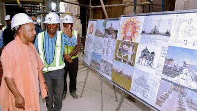 Uttar Pradesh CM Yogi Adityanath inspects the construction work of the Ram Temple in Ayodhya on Wednesday. (HT Photo) Uttar Pradesh CM Yogi Adityanath inspects the construction work of the Ram Temple in Ayodhya on Wednesday. (HT Photo)