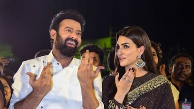 Prabhas and Kriti Sanon at the pre-release event of the upcoming movie Adipurush, in Tirupati. (PTI) Prabhas and Kriti Sanon at the pre-release event of the upcoming movie Adipurush, in Tirupati. (PTI)