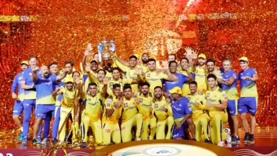 CSK players pose with the trophy after winning the IPL 2023 title (IPL) CSK players pose with the trophy after winning the IPL 2023 title (IPL)