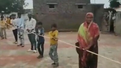 Villagers in Gujarat's Jamnagar district were seen using ropes as a makeshift means of mobility amid expected challenging weather conditions due to cyclone Biparjoy.