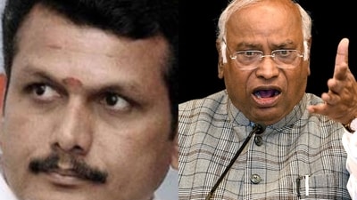 DMK minister Senthil Balaji (L) and Congress leader Mallikarjun Kharge. (File) DMK minister Senthil Balaji (L) and Congress leader Mallikarjun Kharge. (File)