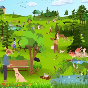 This image has two dogs who are separated from their pet parents. Can you spot them? (Lords and Labradors) This image has two dogs who are separated from their pet parents. Can you spot them? (Lords and Labradors)