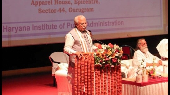 Chief minister Manohar Lal Khattar addressing a ‘Naetikta Shivir’ organised by the Haryana Institute of Public Administration (HIPA), Gurugram, on Wednesday.