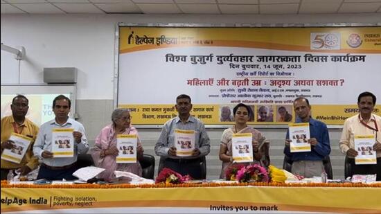 Lucknow divisional commissioner Roshan Jacob, releasing a report on elderly women on the eve of World Elderly Abuse Awareness Day on Wednesday. (Ht photo)