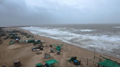 A drone view shows dark clouds over Mandvi beach before the arrival of cyclone Biparjoy in the western state of Gujarat, India, June 15, 2023. (Reuters)