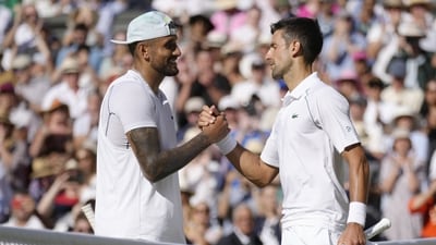Serbia's Novak Djokovic (R) celebrates beating Australia's Nick Kyrgios in the Wimbledon 2022 final (AP) Serbia's Novak Djokovic (R) celebrates beating Australia's Nick Kyrgios in the Wimbledon 2022 final (AP)