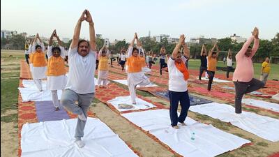 Event organised to mark the beginning of Yoga Week at Ahilyabai Holkar Stadium in Aligarh on Thursday. (HT Photo) Event organised to mark the beginning of Yoga Week at Ahilyabai Holkar Stadium in Aligarh on Thursday. (HT Photo)