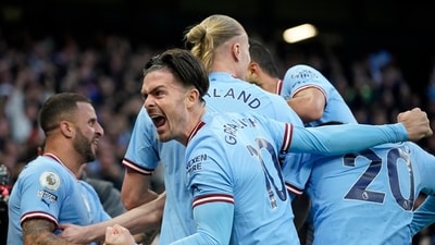 Manchester City's Jack Grealish celebrates after teammate Kevin De Bruyne scored the opening goal during the English Premier League match (AP) Manchester City's Jack Grealish celebrates after teammate Kevin De Bruyne scored the opening goal during the English Premier League match (AP)