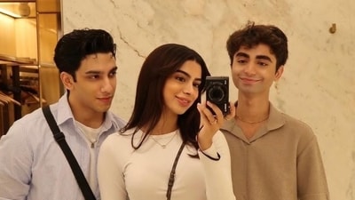 Khushi Kapoor poses with Vedang Raina and Yuvraj Menda in her Instagram post. Khushi Kapoor poses with Vedang Raina and Yuvraj Menda in her Instagram post.