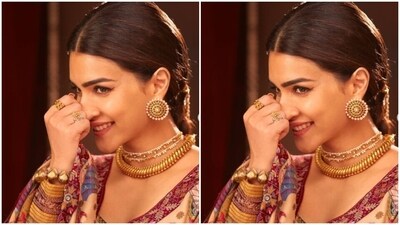 Kriti added more mystic vibes to her look with an Ayodhya Tales-inspired dupatta featuring the tales of Ramayana printed on it. She draped it on her shoulders. (Instagram/@kritisanon) Kriti added more mystic vibes to her look with an Ayodhya Tales-inspired dupatta featuring the tales of Ramayana printed on it. She draped it on her shoulders. (Instagram/@kritisanon)