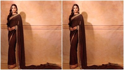 Kriti looked ravishing in the sequined black saree with golden zari borders and a matching blouse. (Instagram/@kritisanon) Kriti looked ravishing in the sequined black saree with golden zari borders and a matching blouse. (Instagram/@kritisanon)