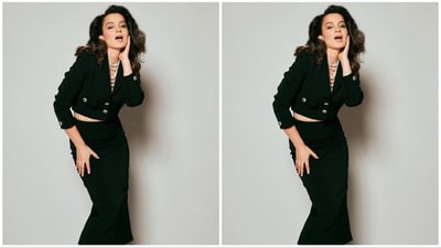 Kangana opted for a stunning black ensemble consisting of a cropped blazer-style top with a V neckline, full sleeves, and golden buttons. She paired it with a matching fish-cut skirt, which had a bodycon fit and reached knee length, accentuating her elegant figure. (Instagram/@kanganaranaut) Kangana opted for a stunning black ensemble consisting of a cropped blazer-style top with a V neckline, full sleeves, and golden buttons. She paired it with a matching fish-cut skirt, which had a bodycon fit and reached knee length, accentuating her elegant figure. (Instagram/@kanganaranaut)