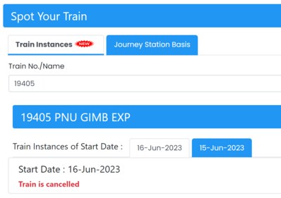 National Train Enquiry System's website shows the details of a train, cancelled in view of cyclone Biparjoy.