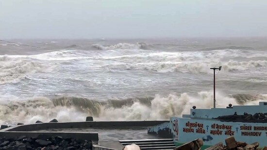 A view of Gomti Ghat as VSCS (very severe cyclonic storm) Biparjoy to cross Saurashtra & Kutch & adjoining Pakistan coasts between Mandvi & Karachi near Jakhau Port by today evening, in Dwarka on Thursday. (ANI )