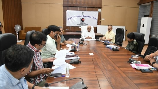 Gujarat CM Bhupendra Patel held a high-level meeting at the State Emergency Operation Center to review Cyclone Biparjoy situation. Gujarat CM Bhupendra Patel held a high-level meeting at the State Emergency Operation Center to review Cyclone Biparjoy situation.