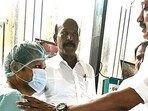 Tamil Nadu chief minister MK Stalin with V Senthil Balaji at a hospital in Chennai. (PTI) Tamil Nadu chief minister MK Stalin with V Senthil Balaji at a hospital in Chennai. (PTI)