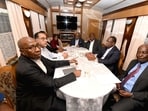 African Heads of State and Government, including South Africa's President Cyril Ramaphosa, participating in the African Leaders Peace Mission, hold a consultation while en route from Warsaw to Kyiv by train.