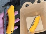 The mother took to Facebook to post photos of the bright yellow box cutter she found in the meal (Dawn Paret/Facebook) The mother took to Facebook to post photos of the bright yellow box cutter she found in the meal (Dawn Paret/Facebook)