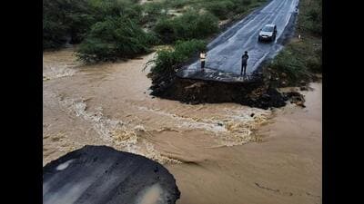 A drone view of a broken bridge along the Naliya-Bhuj highway. (REUTERS) A drone view of a broken bridge along the Naliya-Bhuj highway. (REUTERS)