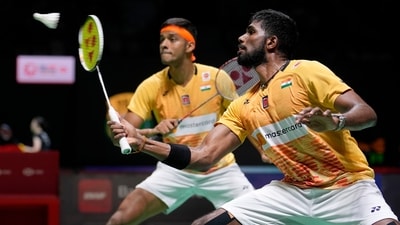 India's Satwiksairaj Rankireddy, right, and Chirag Shetty play against Indonesia's Fajar Alfian and Muhammad Rian Ardianto during their men's doubles quarterfinal match at Indonesia Open (AP) India's Satwiksairaj Rankireddy, right, and Chirag Shetty play against Indonesia's Fajar Alfian and Muhammad Rian Ardianto during their men's doubles quarterfinal match at Indonesia Open (AP)