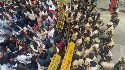 BJP leaders and their supporters at a police barricade in Dalhousie on Friday after being prevented from heading to Salooni in Chamba district, where communal tension prevails after the brutal murder of a youngster last week. (HT Photo) BJP leaders and their supporters at a police barricade in Dalhousie on Friday after being prevented from heading to Salooni in Chamba district, where communal tension prevails after the brutal murder of a youngster last week. (HT Photo)