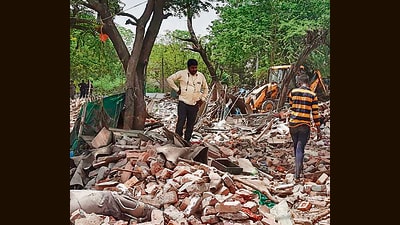 Debris after the demolition drive at Vasant Vihar’s Priyanka Gandhi Camp, in New Delhi on Friday. (Vipin Kumar/HT) Debris after the demolition drive at Vasant Vihar’s Priyanka Gandhi Camp, in New Delhi on Friday. (Vipin Kumar/HT)