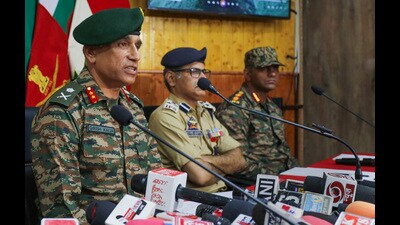GOC 28 Div Maj Gen Girish Kalia during a press conference in Kupwara on Friday. The Army foiled a major infiltration bid by killing five heavily armed terrorists near LoC in Kupwara. (PTI)