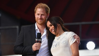 Britain's Prince Harry and Meghan Markle speak during the 2021 Global Citizen Live festival at the Great Lawn, Central Park. (AFP) Britain's Prince Harry and Meghan Markle speak during the 2021 Global Citizen Live festival at the Great Lawn, Central Park. (AFP)