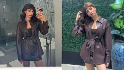 Leather, but make it summer ready. Khushi transformed her dark brown leather button-down shirt into a mini jacket over a matching bodycon blouse and mini skirt. What do you think of this look? (Instagram) Leather, but make it summer ready. Khushi transformed her dark brown leather button-down shirt into a mini jacket over a matching bodycon blouse and mini skirt. What do you think of this look? (Instagram)