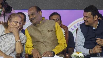 Mumbai, India - June 16, 2023: Lok Sabha Speaker Om Birla along with Deputy Chief Minister of Maharashtra Devendra Fadnavis, former Lok Sabha Speakers Sumitra Mahajan and Dr. Meira Kumar during the National Legislators Conference 2023 at Jio Center, BKC in Mumbai, India, on Friday. (Satish Bate/ Hindustan Times) Mumbai, India - June 16, 2023: Lok Sabha Speaker Om Birla along with Deputy Chief Minister of Maharashtra Devendra Fadnavis, former Lok Sabha Speakers Sumitra Mahajan and Dr. Meira Kumar during the National Legislators Conference 2023 at Jio Center, BKC in Mumbai, India, on Friday. (Satish Bate/ Hindustan Times)