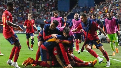 Spain's Joselu is celebrated by his team after he scored the decisive last goal against Italy (AP) Spain's Joselu is celebrated by his team after he scored the decisive last goal against Italy (AP)