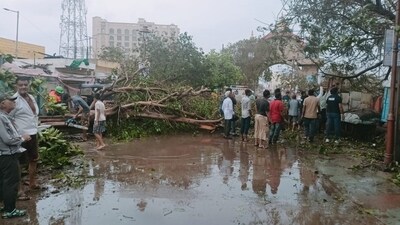 Cyclone Biparjoy, which ripped through Kutch and parts of the Saurashtra region of Gujarat, left a trail of destruction as gusty winds and rains wreaked havoc on the coastal regions. (PTI) Cyclone Biparjoy, which ripped through Kutch and parts of the Saurashtra region of Gujarat, left a trail of destruction as gusty winds and rains wreaked havoc on the coastal regions. (PTI)